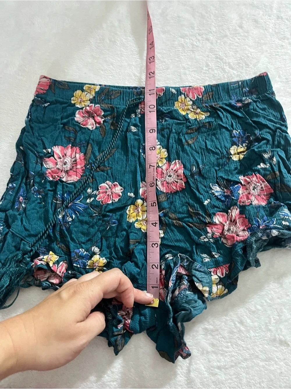 Flouncy Floral Fringe Drawstring Ruffle Hem Shorts Teal Floral Small Stretch GUC